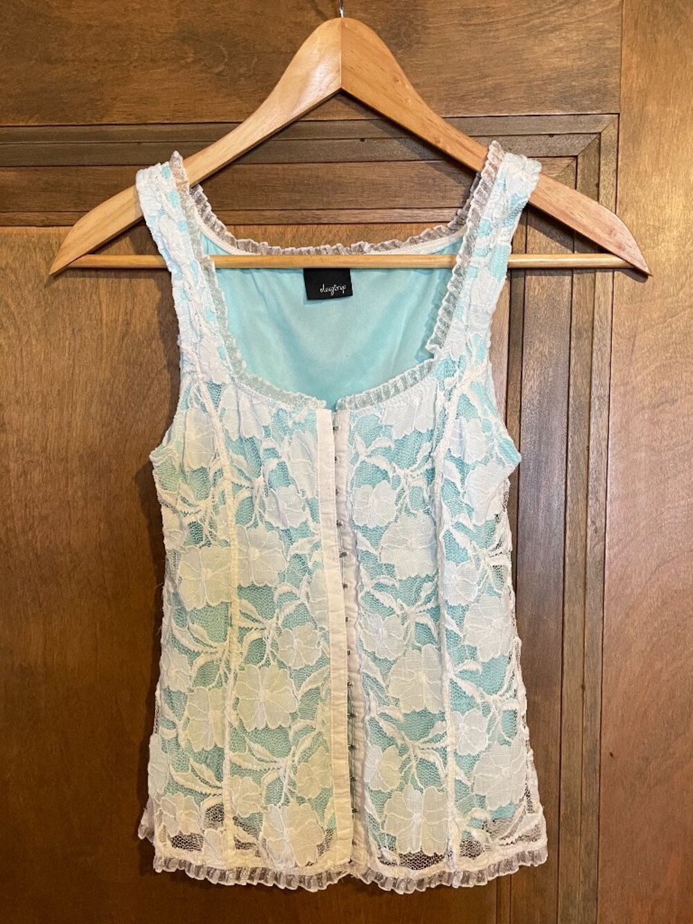 2000s Daytrip Mint Green / White Lace Corset Top, S - M, Made in USA w/FLAWS